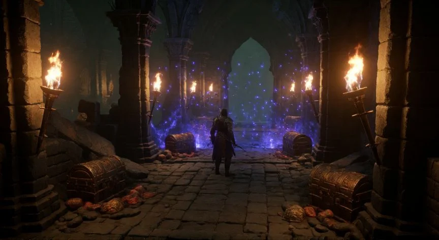 mejor forma de farmear obducita diablo 4, Personaje en mazmorra pesadilla de Diablo 4 con cofres de botín