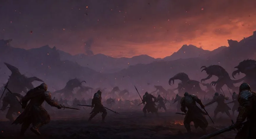 mejor forma de farmear runas diablo 4, Paisaje de batalla épico estilo Diablo 4 con cielo infernal al atardecer
