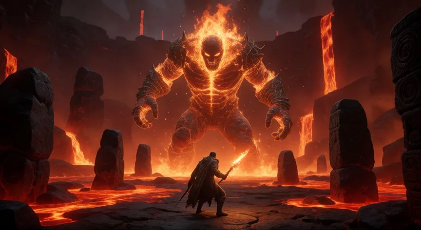 mejor forma de farmear runas elden ring, Pelea contra un gigante de fuego en una arena volcánica, estilo Elden Ring