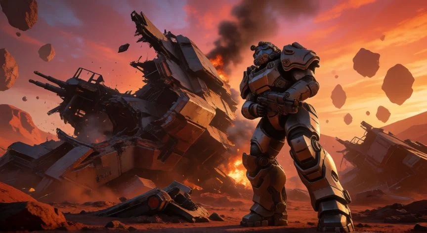 mejor forma de farmear supercreditos helldivers 2, Soldado en armadura pesada junto a un objetivo enemigo destruido en un planeta hostil de Helldivers 2