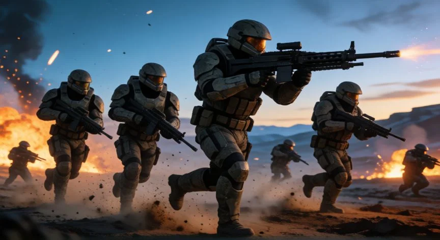 mejor forma de farmear supercreditos helldivers 2, Escuadrón de cuatro soldados avanzando en formación táctica durante una batalla en un planeta enemigo