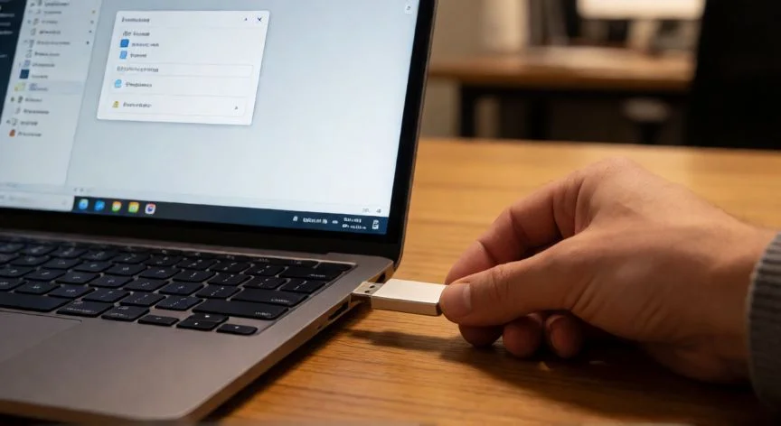 mejor forma de formatear usb, Mano conectando una memoria USB al puerto de un portátil con la ventana de formateo visible en pantalla