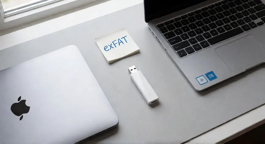 mejor forma de formatear usb, Vista cenital de un escritorio con una USB, un Mac y un PC, y una nota adhesiva que indica el sistema de archivos exFAT