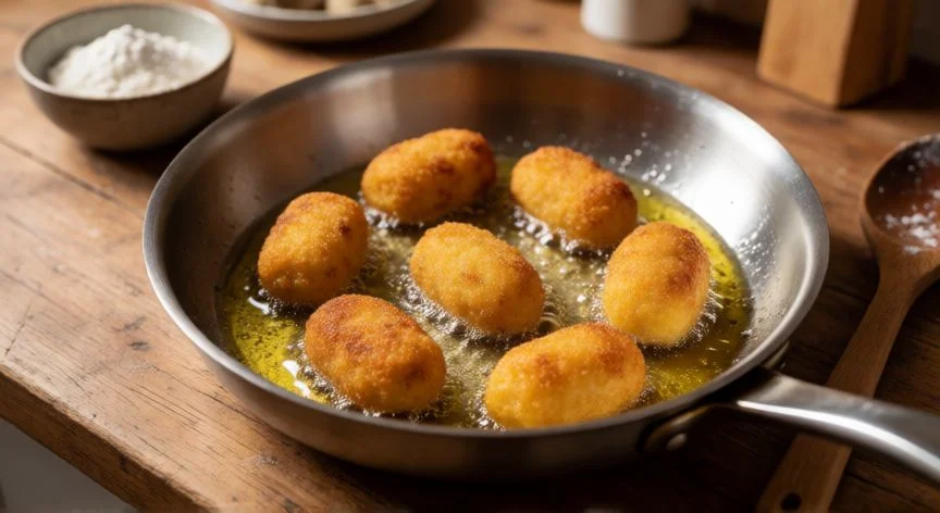 mejor forma de freir croquetas, Croquetas dorándose en aceite de oliva en una sartén de acero inoxidable