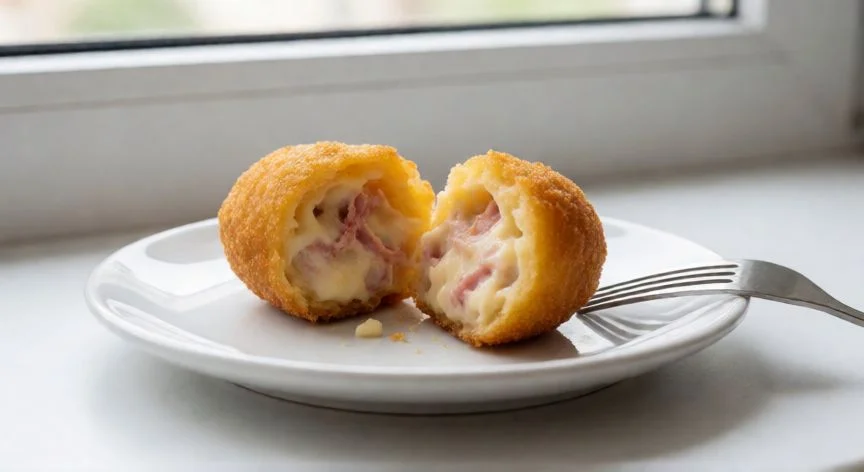 mejor forma de freir croquetas, Croqueta casera partida por la mitad mostrando su interior cremoso de bechamel con jamón