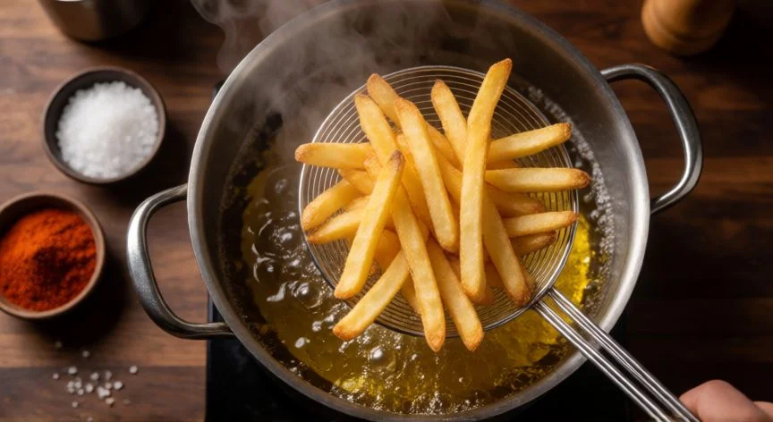 Patatas fritas doradas siendo retiradas del aceite con una escumadera en una cocina profesional