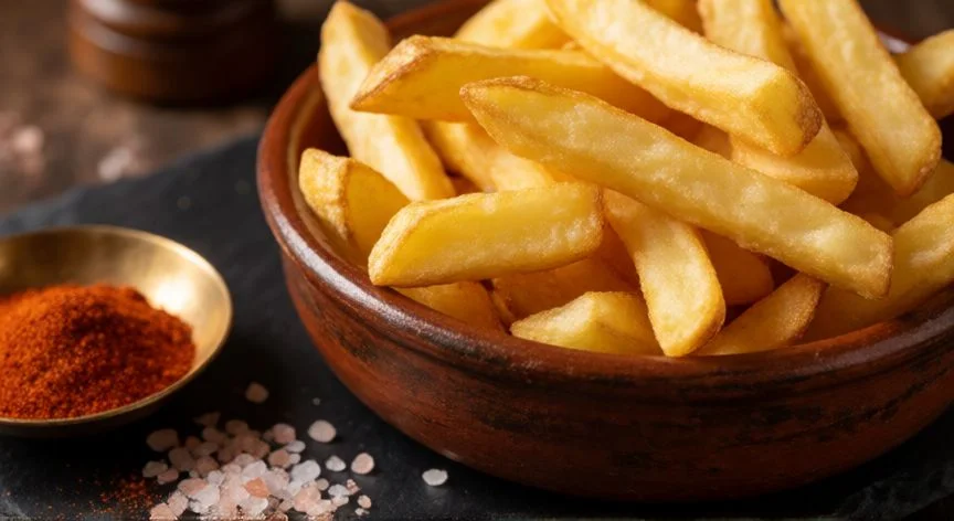 mejor forma de freir patatas, Ración de patatas fritas gruesas en un bol rústico con pimentón y sal escama al lado