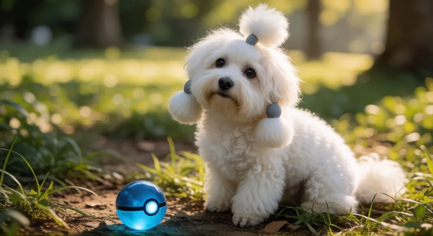 mejor forma de furfrou pokemon go, Furfrou en un parque con una Pokéball cerca, estilo fotográfico realista