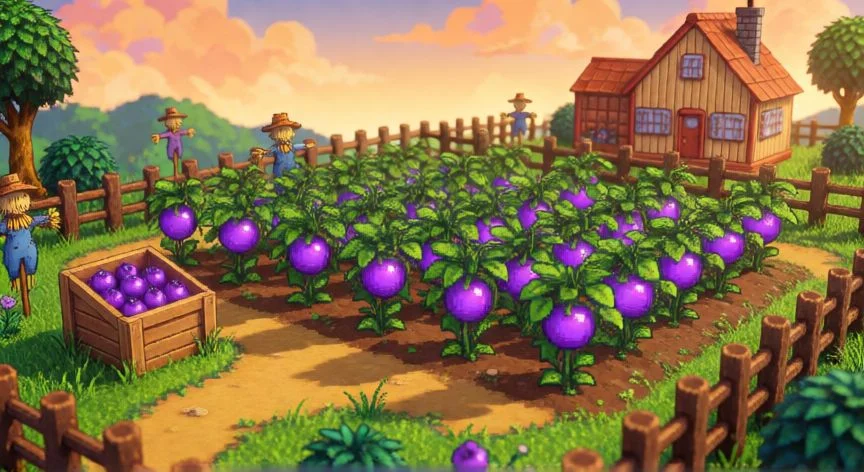 mejor forma de ganar dinero en stardew valley, Campo de Ancient Fruit en Stardew Valley con frutos morados brillantes al atardecer