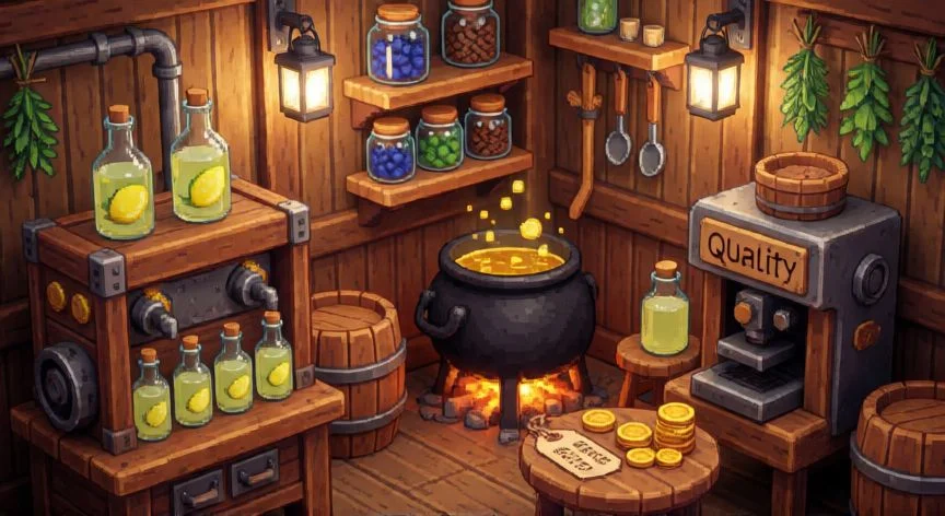 mejor forma de ganar dinero en stardew valley, Taller con alambique y caldero produciendo limonada y barras de oro en Stardew Valley