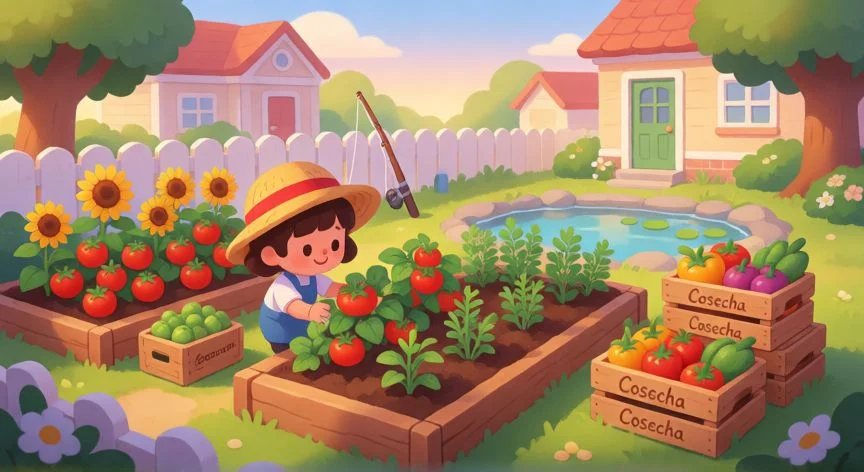 mejor forma de ganar dinero sims 4, Sim cultivando huerto y pescando en Sims 4 para ganar dinero