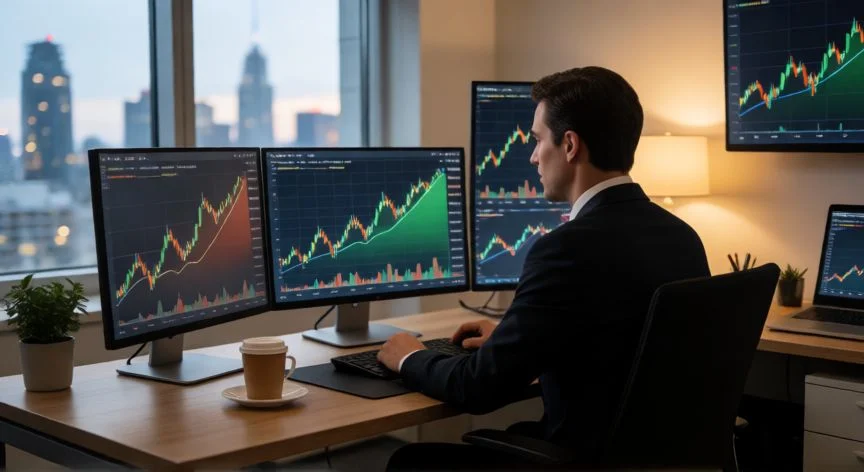mejor forma de ganar dinero sims 4, Sim invirtiendo en acciones con gráficos de mercado en pantalla