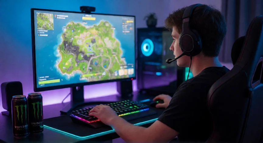 mejor forma de ganar xp en fortnite, Jugador en su setup gaming completando misiones de Fortnite con iluminación RGB