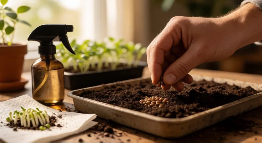 mejor forma de germinar semillas, Manos colocando semillas en una bandeja de sustrato húmedo junto a un papel de cocina con una radícula germinada