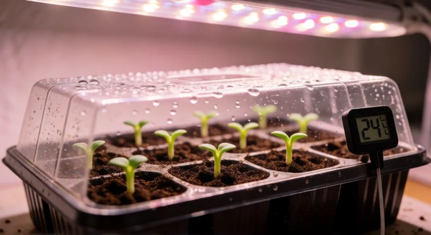 mejor forma de germinar semillas, Bandeja de germinación con tapa transparente mostrando primeras plántulas verdes bajo luz LED fito