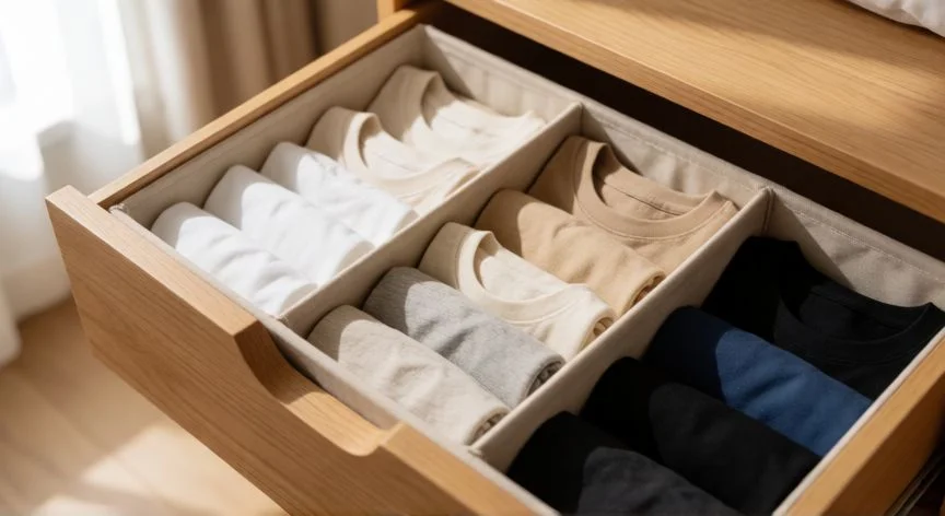 Cajón con divisores de tela y camisetas dobladas en rectángulos ordenados por color