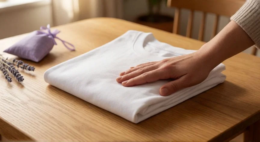 mejor forma de guardar camisetas, Manos plegando una camiseta blanca con el método militar sobre mesa de madera
