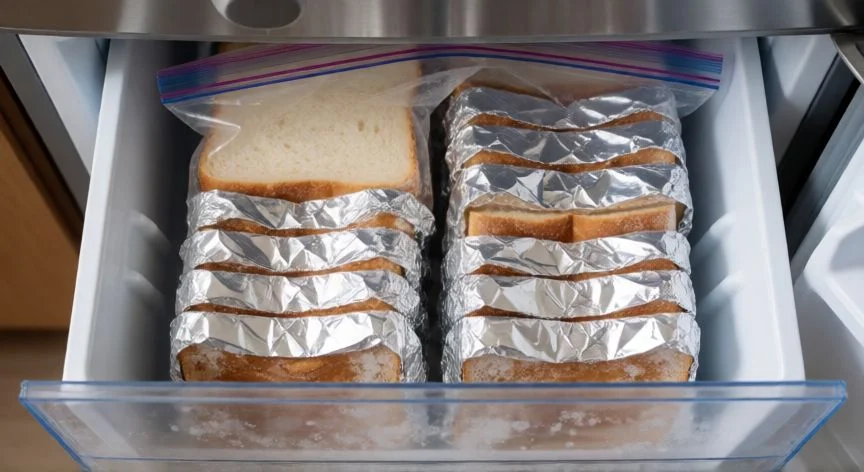 mejor forma de guardar el pan, Rebanadas de pan envueltas en aluminio dentro de bolsa hermética en el congelador