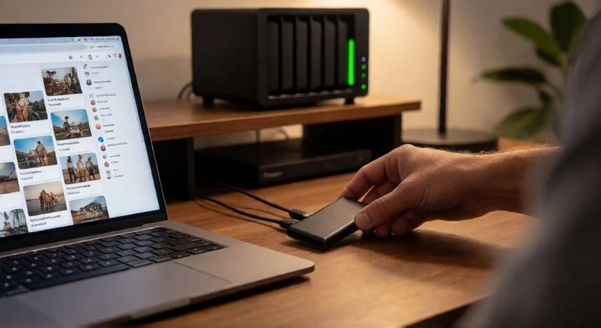 mejor forma de guardar fotos, Mesa de escritorio con disco SSD externo, NAS y portátil mostrando una galería de fotos organizadas