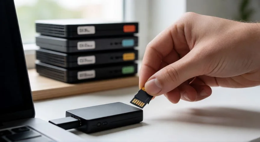 mejor forma de guardar fotos, Mano insertando una tarjeta microSD en un lector conectado a un portátil con discos duros externos al fondo