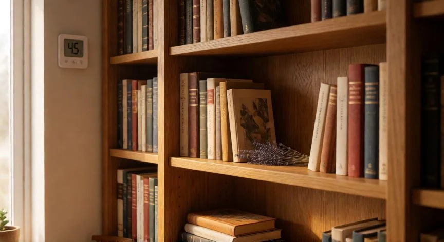 mejor forma de guardar libros, Estantería de madera con libros organizados verticalmente y horizontalmente según su peso