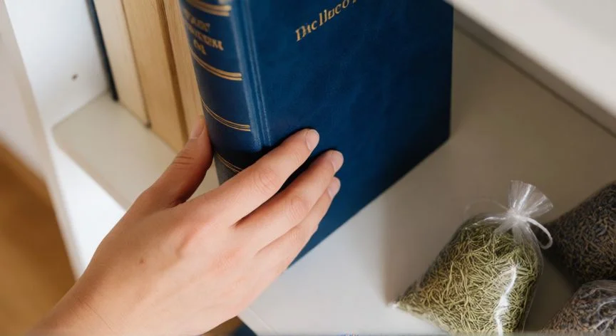 mejor forma de guardar libros, Manos colocando un libro de tapas duras en una estantería con sachets de hierbas aromáticas para repeler insectos