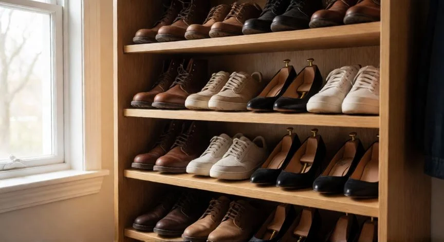 mejor forma de guardar zapatos, Zapatero abierto con calzado organizado en baldas y hormas de madera