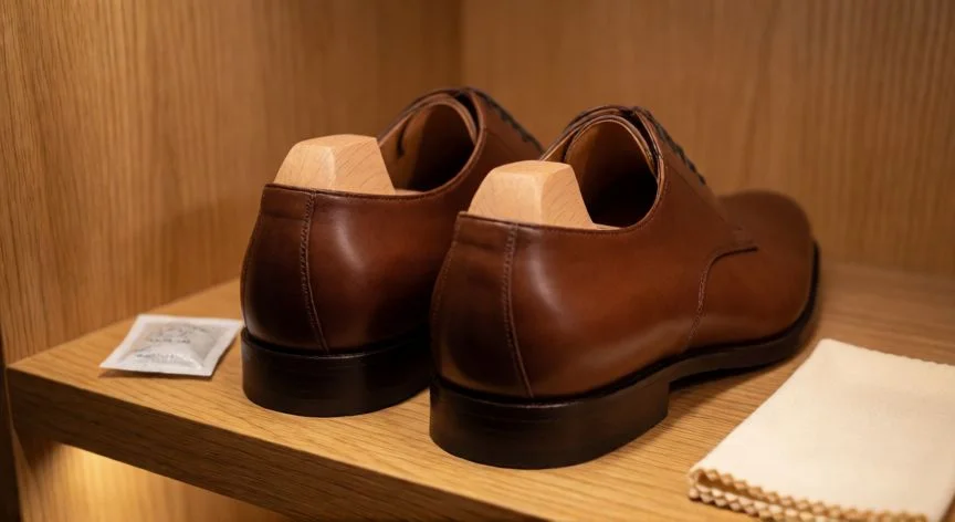 mejor forma de guardar zapatos, Zapatos de piel con horma de madera en balda con deshidratante