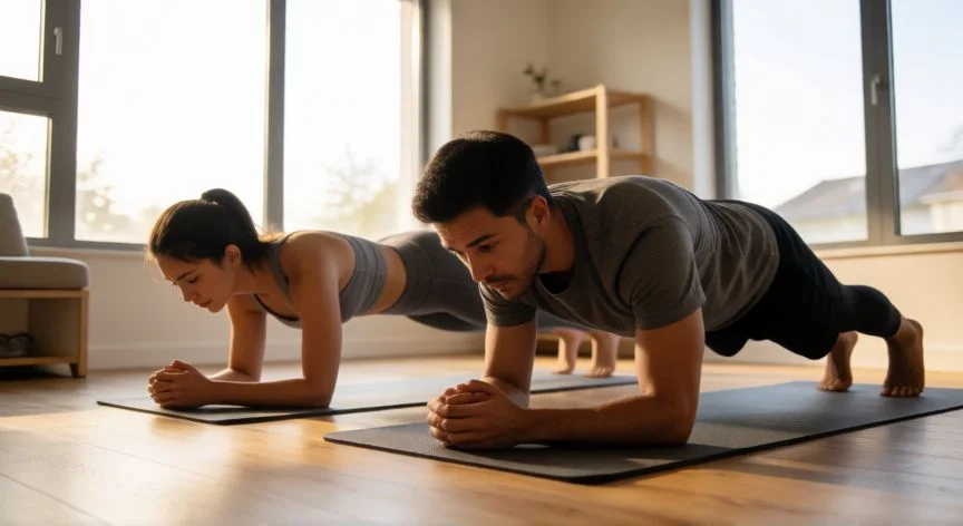 Personas realizando plancha frontal (plank) en un gimnasio doméstico con luz natural