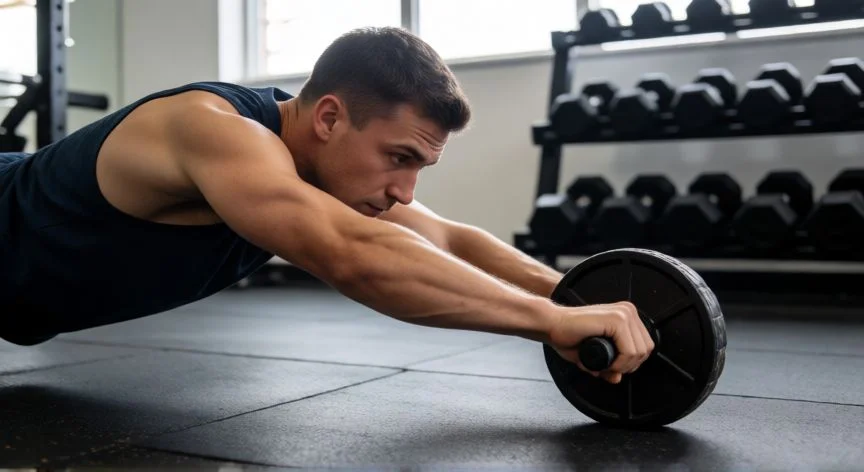 mejor forma de hacer abdominales, Atleta usando rueda abdominal (ab wheel) en posición de rollout en un gimnasio