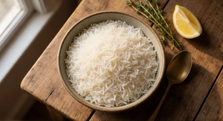 Bol de cerámica con arroz blanco basmati suelto y brillante sobre mesa de madera
