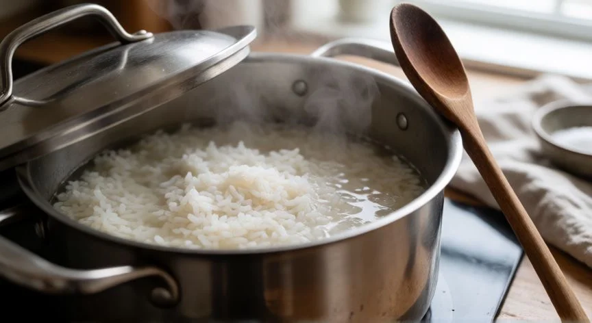 mejor forma de hacer arroz blanco, Olla de acero con arroz blanco cociéndose a fuego lento soltando vapor