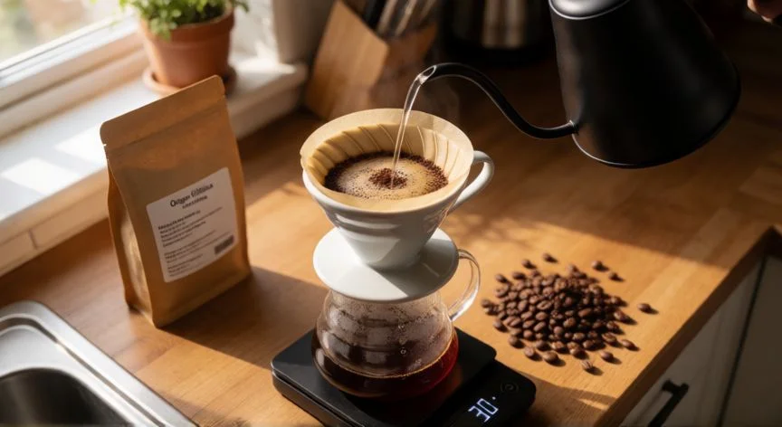 mejor forma de hacer cafe, Preparación de café por goteo con método V60 sobre encimera de cocina