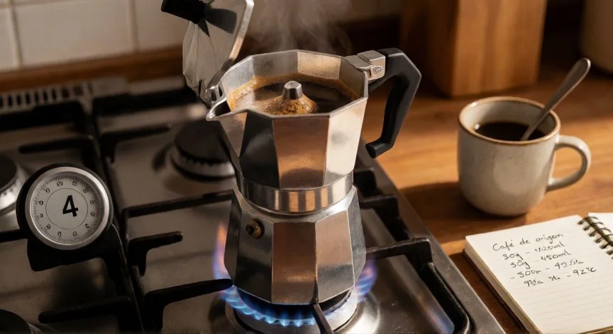 mejor forma de hacer cafe, Moka pot italiana cociéndose a fuego bajo con notas de cata al lado