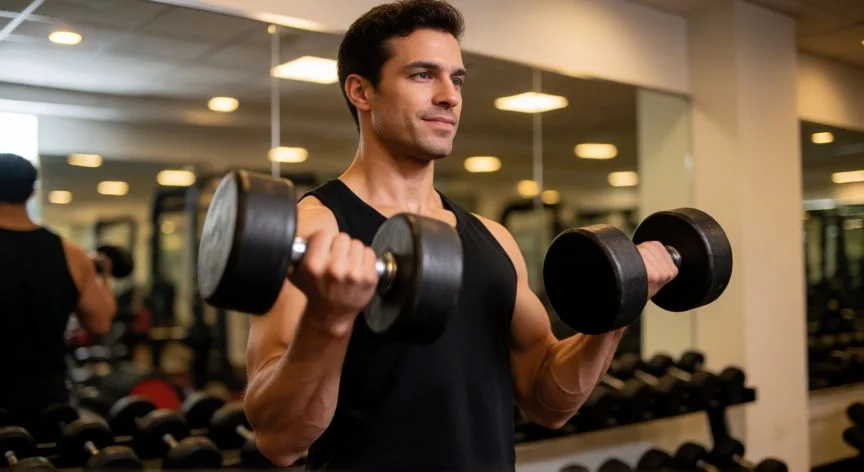 mejor forma de hacer curl martillo, Hombre realizando hammer curl con mancuernas en agarre neutro en el gimnasio