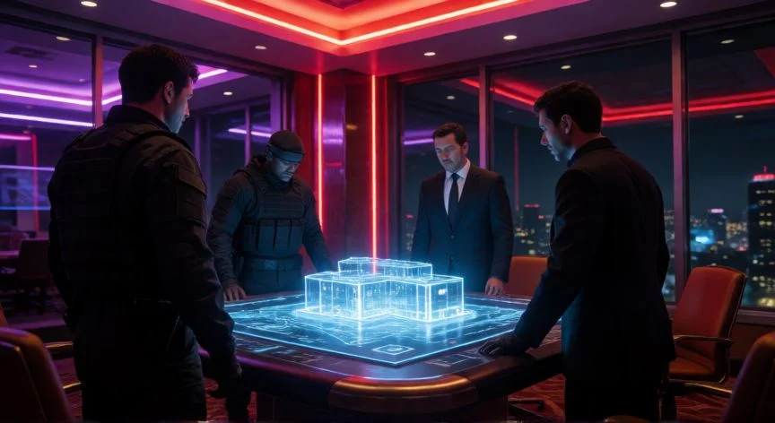 mejor forma de hacer el golpe al casino gta v, Equipo planificando el golpe al casino en la sala de operaciones nocturna