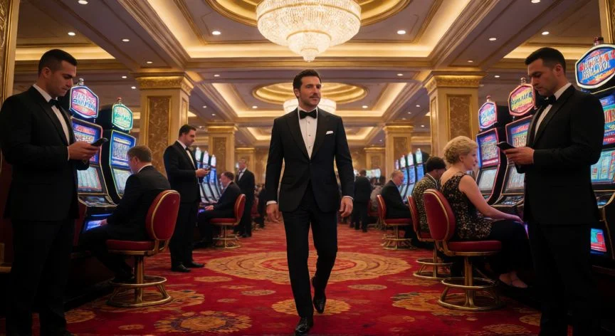mejor forma de hacer el golpe al casino gta v, Jugador disfrazado de traje VIP entrando por la puerta principal del casino en el enfoque The Big Con