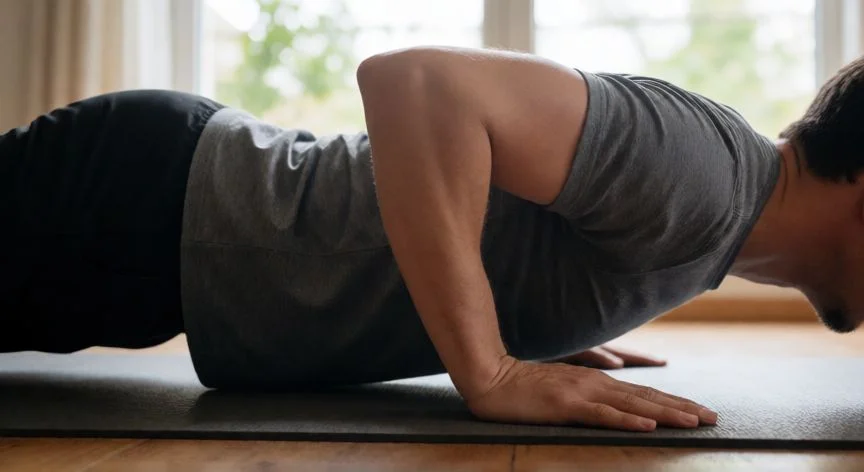 mejor forma de hacer flexiones, Vista lateral de una persona realizando flexiones con técnica correcta, codos a 45 grados y core activado