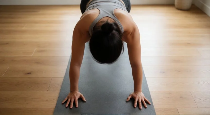 mejor forma de hacer flexiones, Vista cenital de la postura de plancha inicial para flexiones con manos a la anchura correcta y espalda neutra