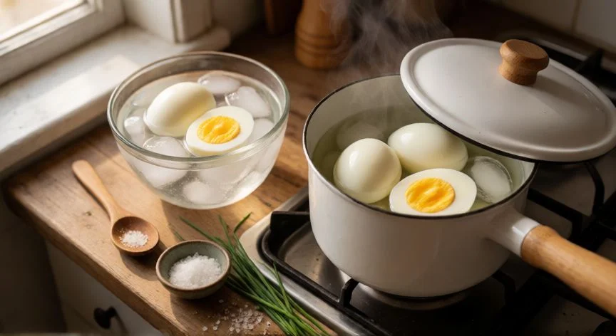 mejor forma de hacer huevos cocidos, Huevos cocidos perfectos con yema cremosa junto a olla en cocina