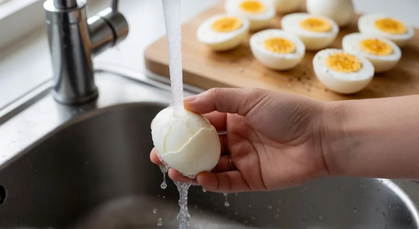 mejor forma de hacer huevos cocidos, Pelando huevo cocido bajo el grifo de agua fría en la cocina