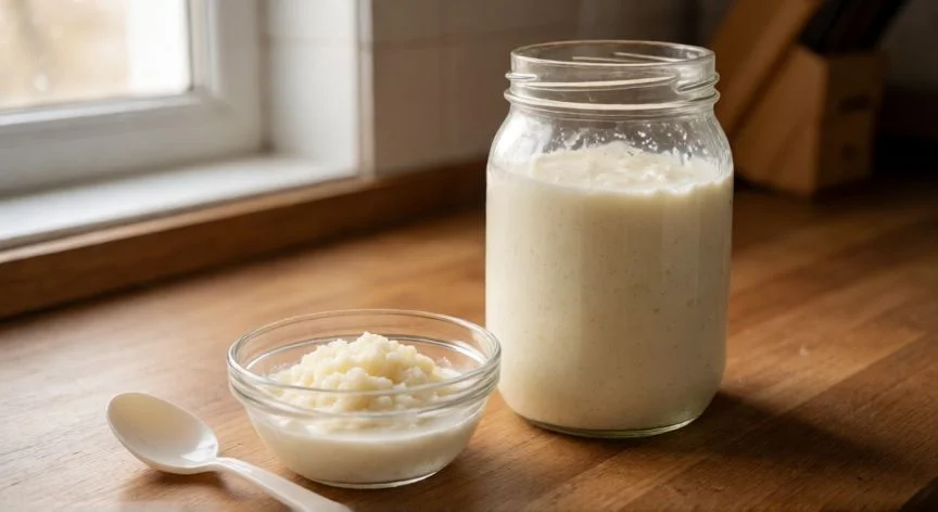 Tarro de cristal con kefir recién hecho junto a un bol con gránulos de kefir en leche sobre encimera de madera