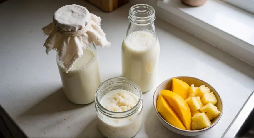 mejor forma de hacer kefir, Mesa de cocina con botella de kefir fermentando bajo tela, gránulos en reposo y fruta troceada para la segunda fermentación