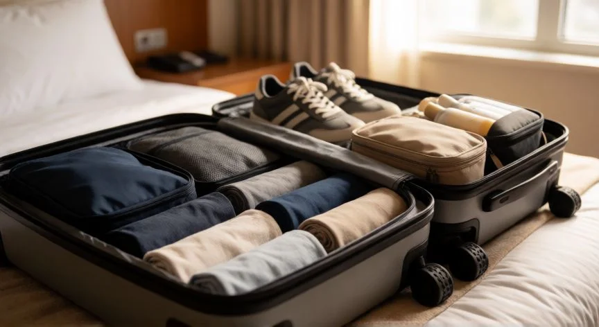 mejor forma de hacer la maleta, Maleta bien organizada con ropa enrollada y packing cubes de colores