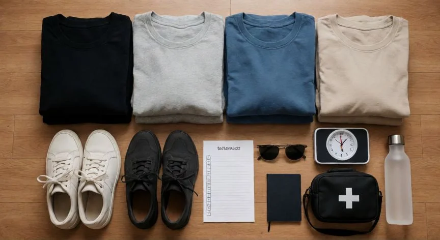 mejor forma de hacer la maleta, Preparación de la maleta vista cenital con ropa agrupada por colores y accesorios de viaje