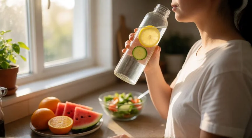 mejor forma de hidratarse, Persona bebiendo agua con limón y pepino en la cocina por la mañana con fruta fresca