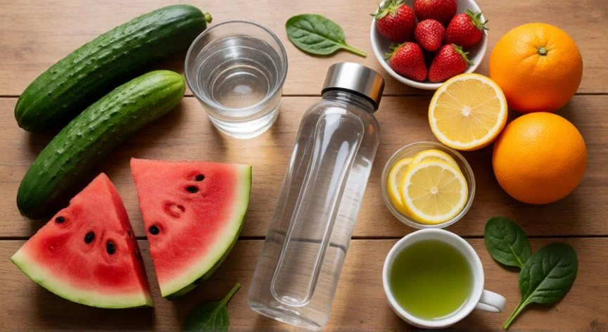 mejor forma de hidratarse, Disposición de alimentos y bebidas hidratantes sobre mesa de madera vista cenital