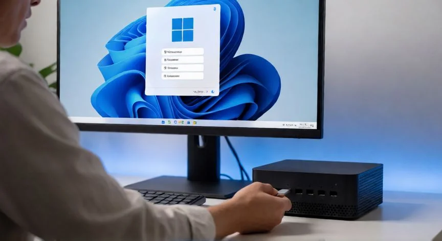 mejor forma de instalar windows 11, Persona insertando un USB con la Media Creation Tool en un PC para instalar Windows 11