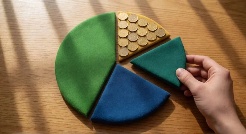 mejor forma de invertir 10000 euros, Distribución de activos representada visualmente sobre una mesa de madera