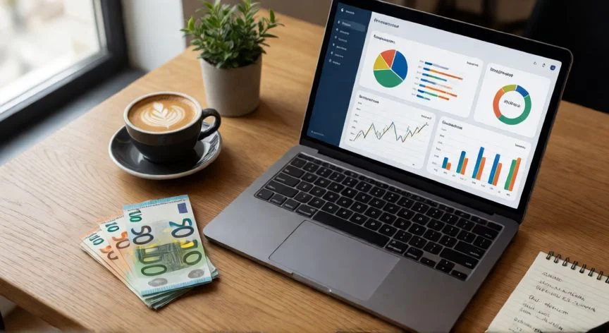 mejor forma de invertir 20000 euros, Mesa de trabajo con portafolio de inversión diversificado en pantalla y billetes de euros